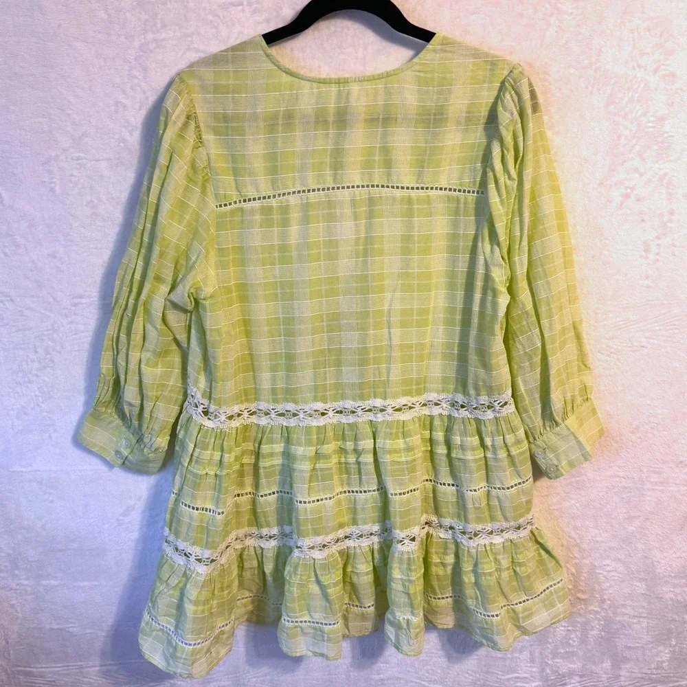 Free People Lime Green Time Out Plaid Crochet Lace‎ Babydoll Tunic Top Small